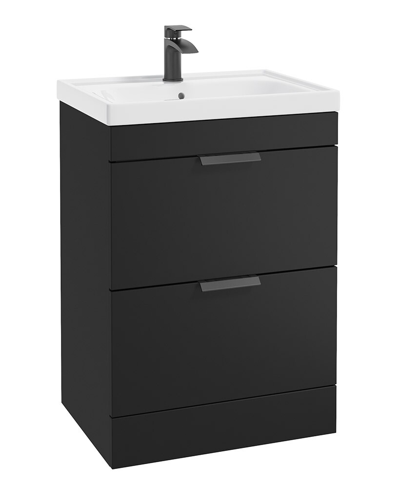 SONAS STOCKHOLM 60cm Two Drawer Floor Standing Matt Black Vanity Unit - Matt Black Handles