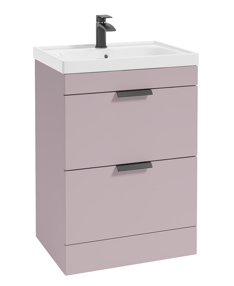 SONAS STOCKHOLM 60cm Two Drawer Floor Standing Matt Cashmere Pink Vanity Unit - Matt Black Handles