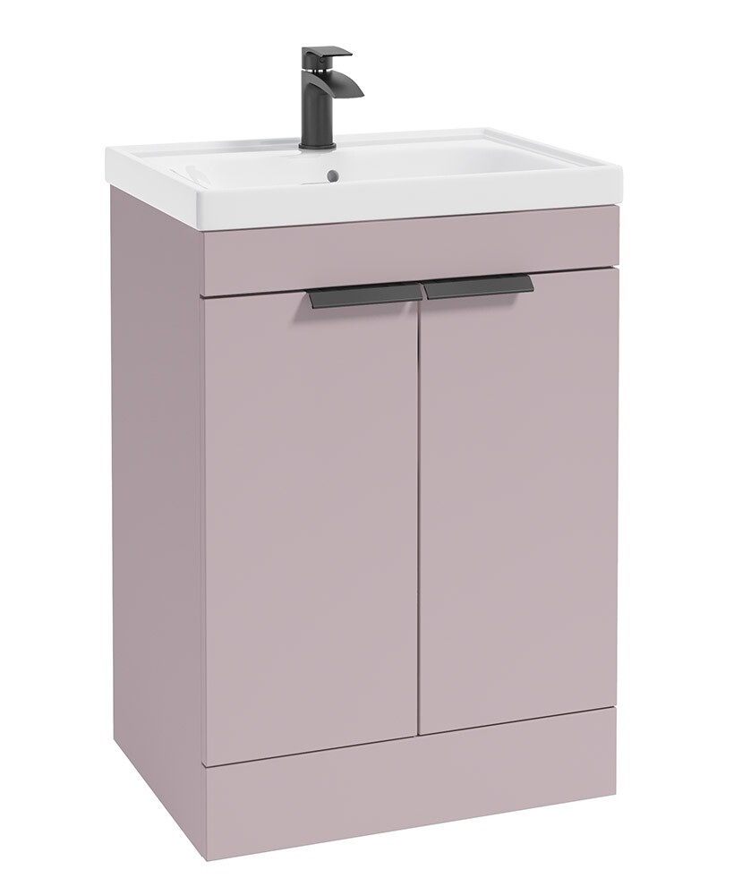 SONAS STOCKHOLM 60cm Two Door Floor Standing Matt Cashmere Pink Vanity Unit - Matt Black Handles