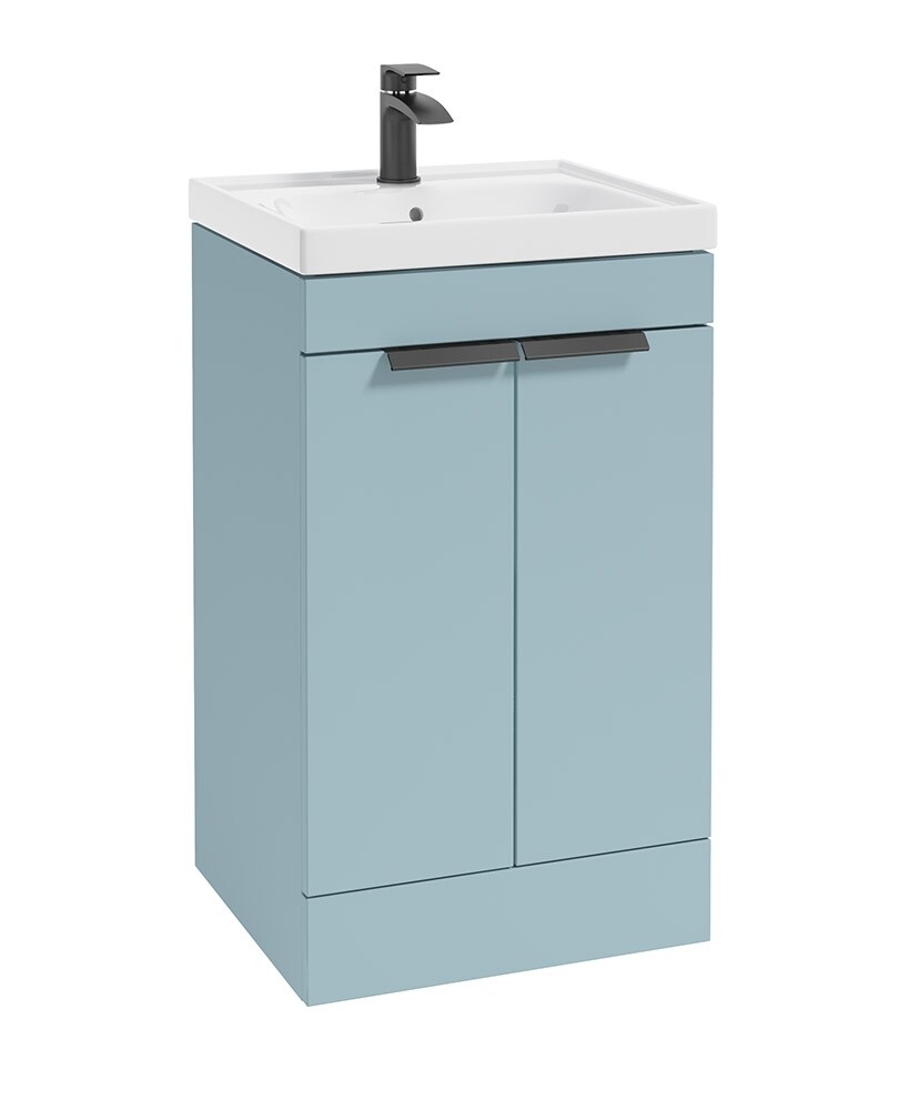 SONAS STOCKHOLM 50cm Two Door Floor Standing Matt Morning Sky Blue Vanity Unit - Matt Black Handles