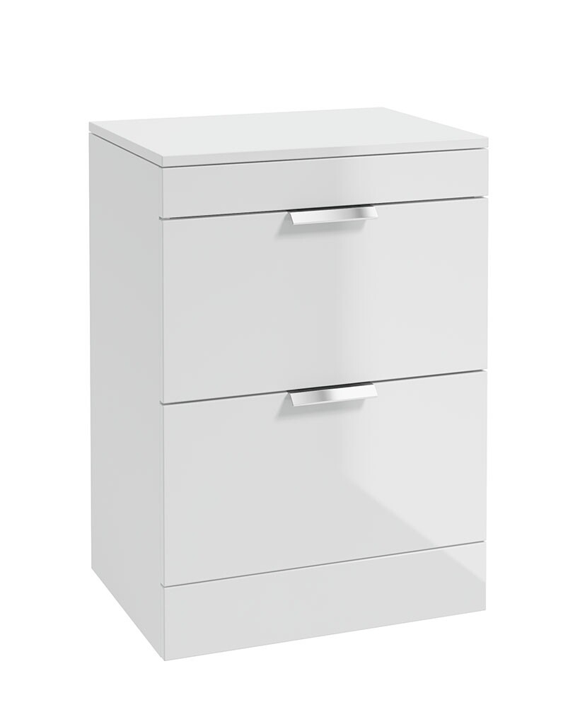 SONAS STOCKHOLM 60cm Floor Standing Two Drawer Gloss White Countertop Vanity Unit - Brushed Chrome Handle