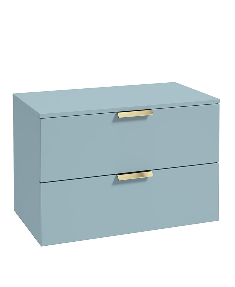 SONAS STOCKHOLM 80cm Two Drawer Wall Hung Matt Morning Sky Blue Countertop Vanity Unit - Brushed Gold Handles