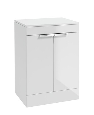 SONAS STOCKHOLM 60cm Floor Standing Two Door Gloss White Countertop Vanity Unit - Brushed Chrome Handle