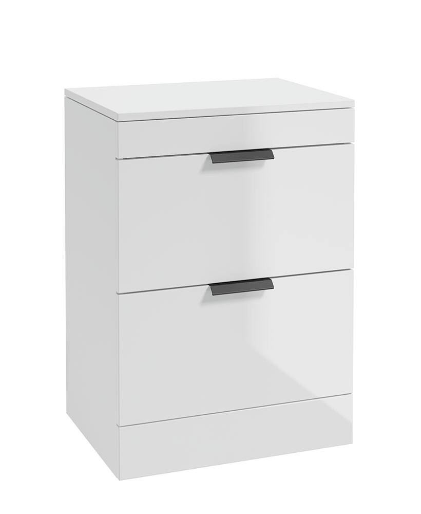 SONAS STOCKHOLM 60cm Floor Standing Two Drawer Gloss White Countertop Vanity Unit - Matt Black Handle