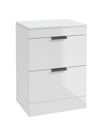 SONAS STOCKHOLM 60cm Floor Standing Two Drawer Gloss White Countertop Vanity Unit - Matt Black Handle