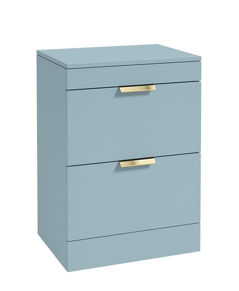 SONAS STOCKHOLM 60cm Floor Standing Two Drawer Matt Morning Sky Blue Countertop Vanity Unit - Brushed Gold Handle