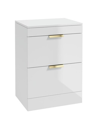 SONAS STOCKHOLM 60cm Floor Standing Two Drawer Gloss White Countertop Vanity Unit - Brushed Gold Handle