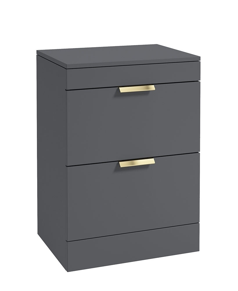 SONAS STOCKHOLM 60cm Floor Standing Two Drawer Matt Midnight Grey Countertop Vanity Unit - Brushed Gold Handle