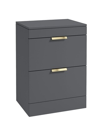 SONAS STOCKHOLM 60cm Floor Standing Two Drawer Matt Midnight Grey Countertop Vanity Unit - Brushed Gold Handle