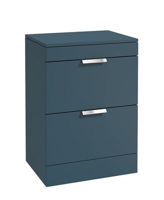 SONAS STOCKHOLM 60cm Floor Standing Two Drawer Matt Ocean Blue Countertop Vanity Unit - Brushed Chrome Handle