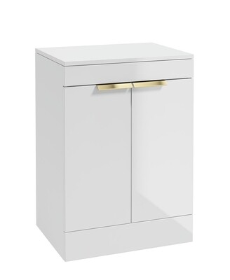 SONAS STOCKHOLM 60cm Floor Standing Two Door Gloss White Countertop Vanity Unit - Brushed Gold Handle