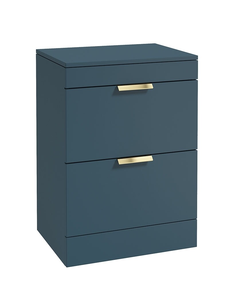 SONAS STOCKHOLM 60cm Floor Standing Two Drawer Matt Ocean Blue Countertop Vanity Unit - Brushed Gold Handle