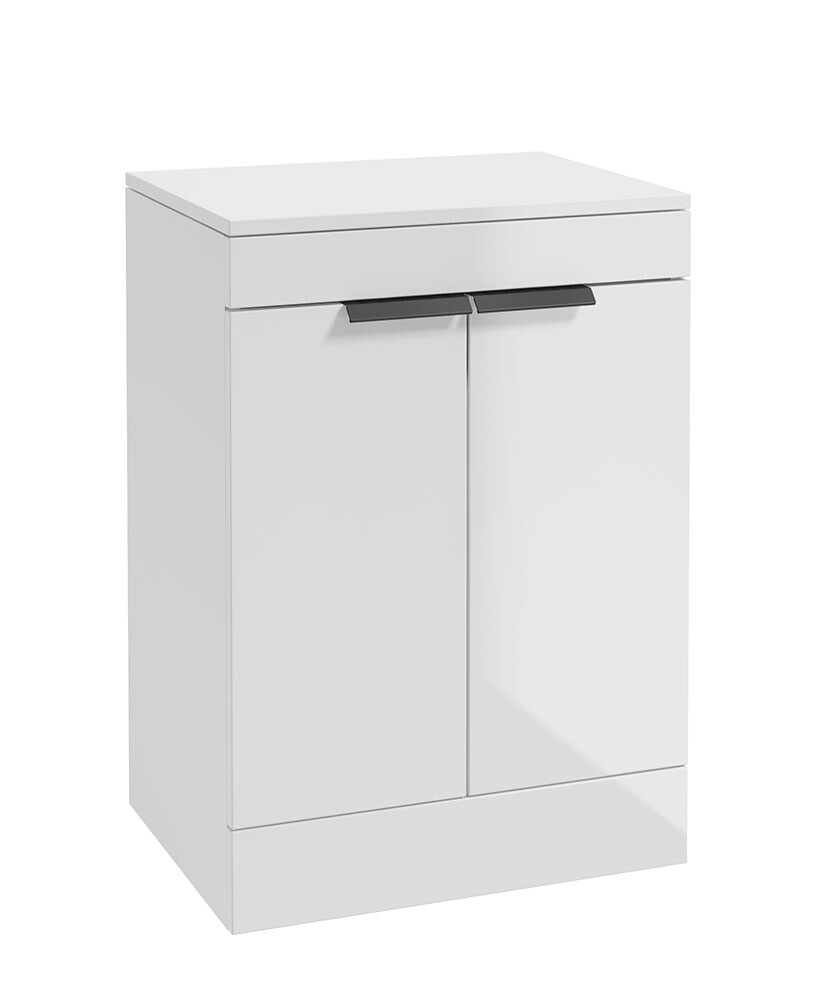 SONAS STOCKHOLM 60cm Floor Standing Two Door Gloss White Countertop Vanity Unit - Matt Black Handle