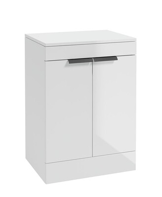 SONAS STOCKHOLM 60cm Floor Standing Two Door Gloss White Countertop Vanity Unit - Matt Black Handle