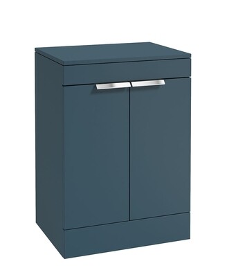 SONAS STOCKHOLM 60cm Floor Standing Two Door Matt Ocean Blue Countertop Vanity Unit - Brushed Chrome Handle