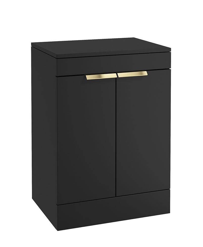 SONAS STOCKHOLM 60cm Floor Standing Two Door Matt Black Countertop Vanity Unit - Brushed Gold Handle