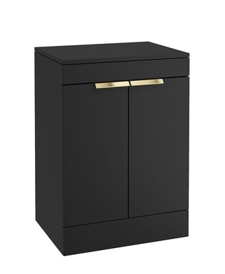 SONAS STOCKHOLM 60cm Floor Standing Two Door Matt Black Countertop Vanity Unit - Brushed Gold Handle