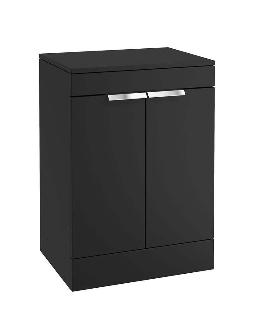 SONAS STOCKHOLM 60cm Floor Standing Two Door Matt Black Countertop Vanity Unit - Brushed Chrome Handle