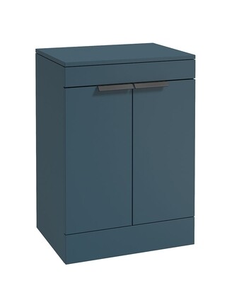 SONAS STOCKHOLM 60cm Floor Standing Two Door Matt Ocean Blue Countertop Vanity Unit - Matt Black Handle