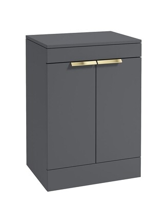 SONAS STOCKHOLM 60cm Floor Standing Two Door Matt Midnight Grey Countertop Vanity Unit - Brushed Gold Handle