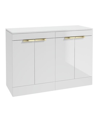 SONAS STOCKHOLM 120cm Floor Standing Four Door Gloss White Countertop Vanity Unit - Brushed Gold Handle