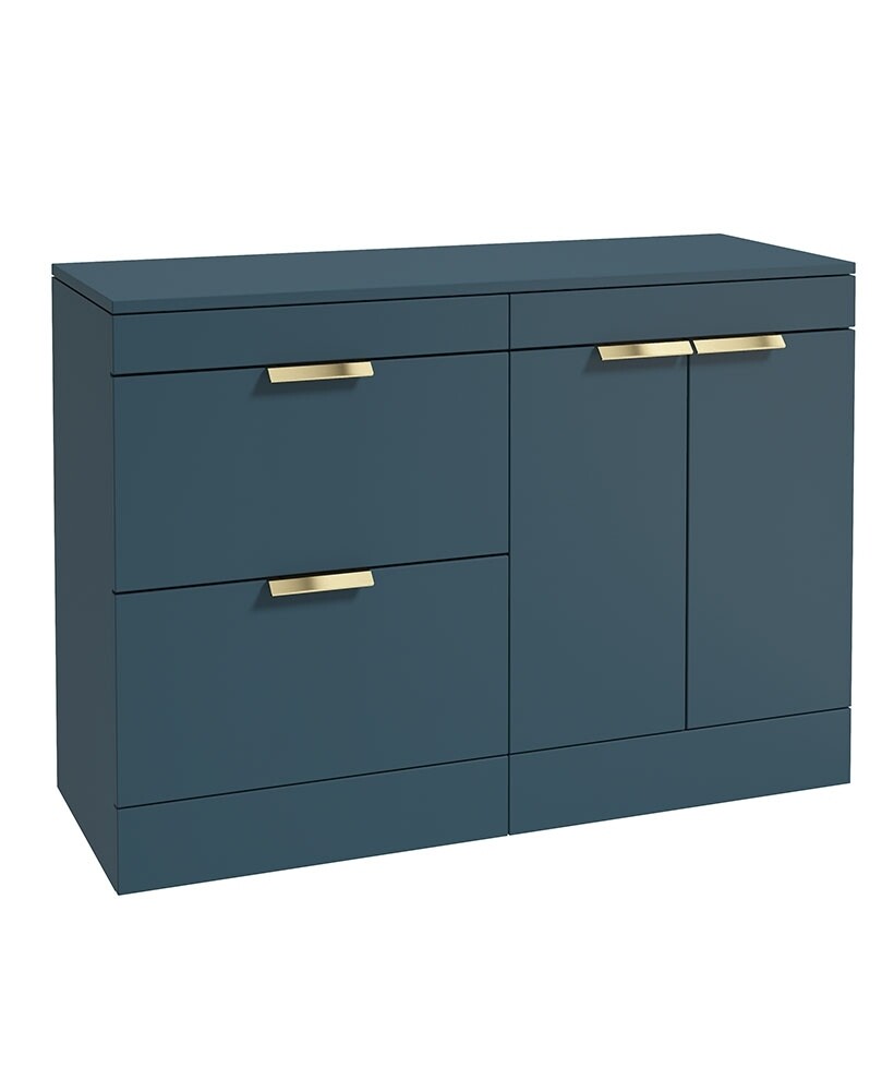 SONAS STOCKHOLM 120cm Floor Standing Two Drawer and Two Door Matt Ocean Blue Countertop Vanity Unit - Brushed Gold Handle SONAS STOCKHOLM 120cm Floor Standing Two Drawer and Two Door Matt Ocean Blue Countertop Vanity Unit - Brushed Gold Handle
