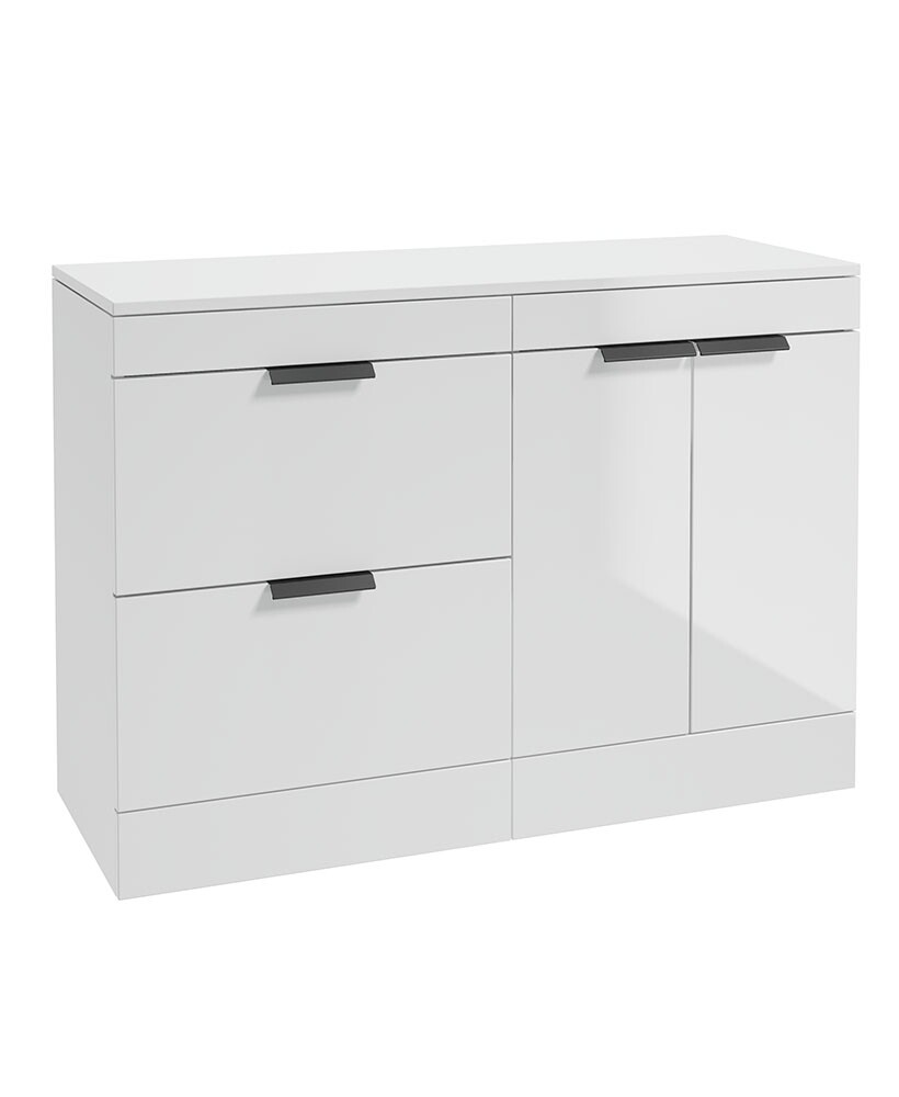 SONAS STOCKHOLM 120cm Floor Standing Two Drawer and Two Door Gloss White Countertop Vanity Unit - Matt Black Handle