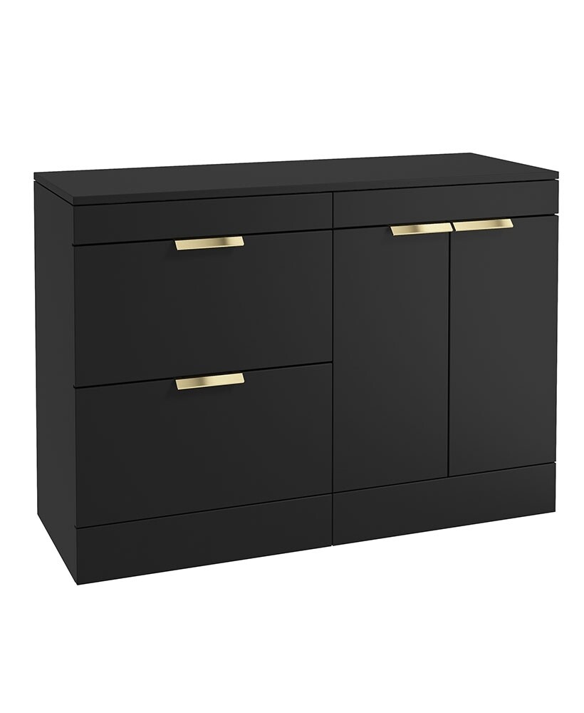 SONAS STOCKHOLM 120cm Floor Standing Two Drawer and Two Door Matt Black Countertop Vanity Unit - Brushed Gold Handle