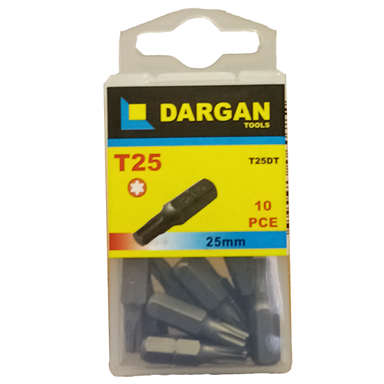 Dargan 25mm T25 Screwdriver Bits, Anti-Skid Tip. 10 per pack.