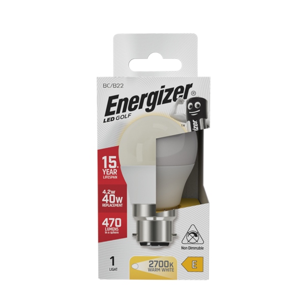 ENERGIZER LED 4.2W (40W) 470 LUMENS E27 OPAL GOLF BALL LAMP WARM WHITE 2700K