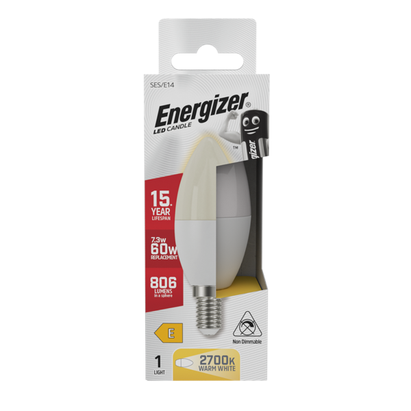 ENERGIZER LED 7.3W (60W) 806 LUMENS E14 OPAL CANDLE LAMP WARM WHITE 2700K