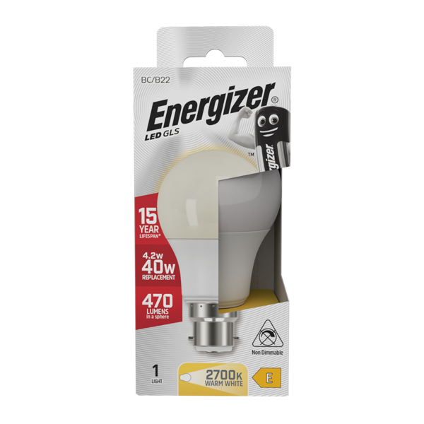 ENERGIZER LED 4.2W (40W) 470 LUMENS B22 OPAL GLS LAMP WARM WHITE 2700K