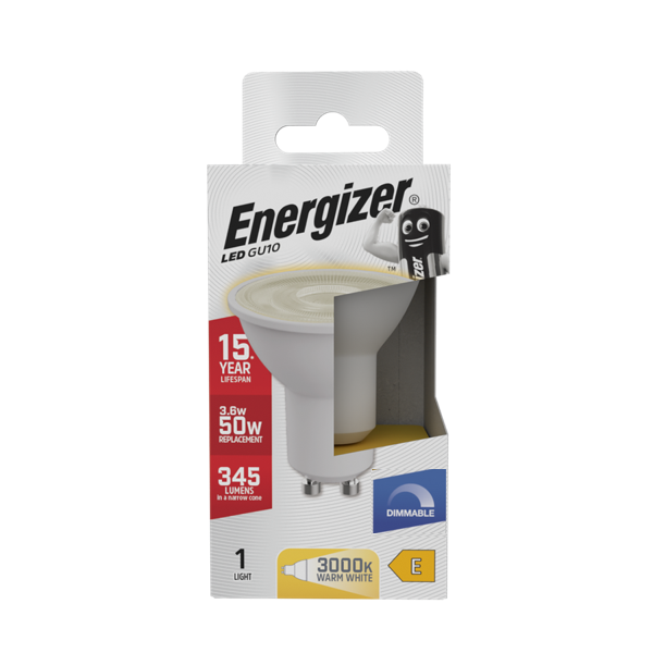 ENERGIZER LED 5.7W (50W) 345 LUMENS GU10 LAMP WARM WHITE 2700K DIMMABLE