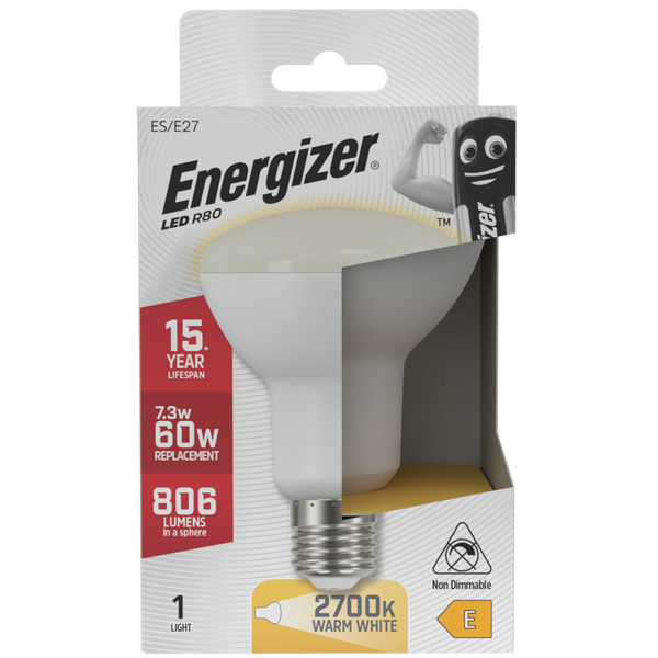 ENERGIZER LED 7.3W (60W) 806 LUMENS R80 REFLECTOR LAMP WARM WHITE 2700K