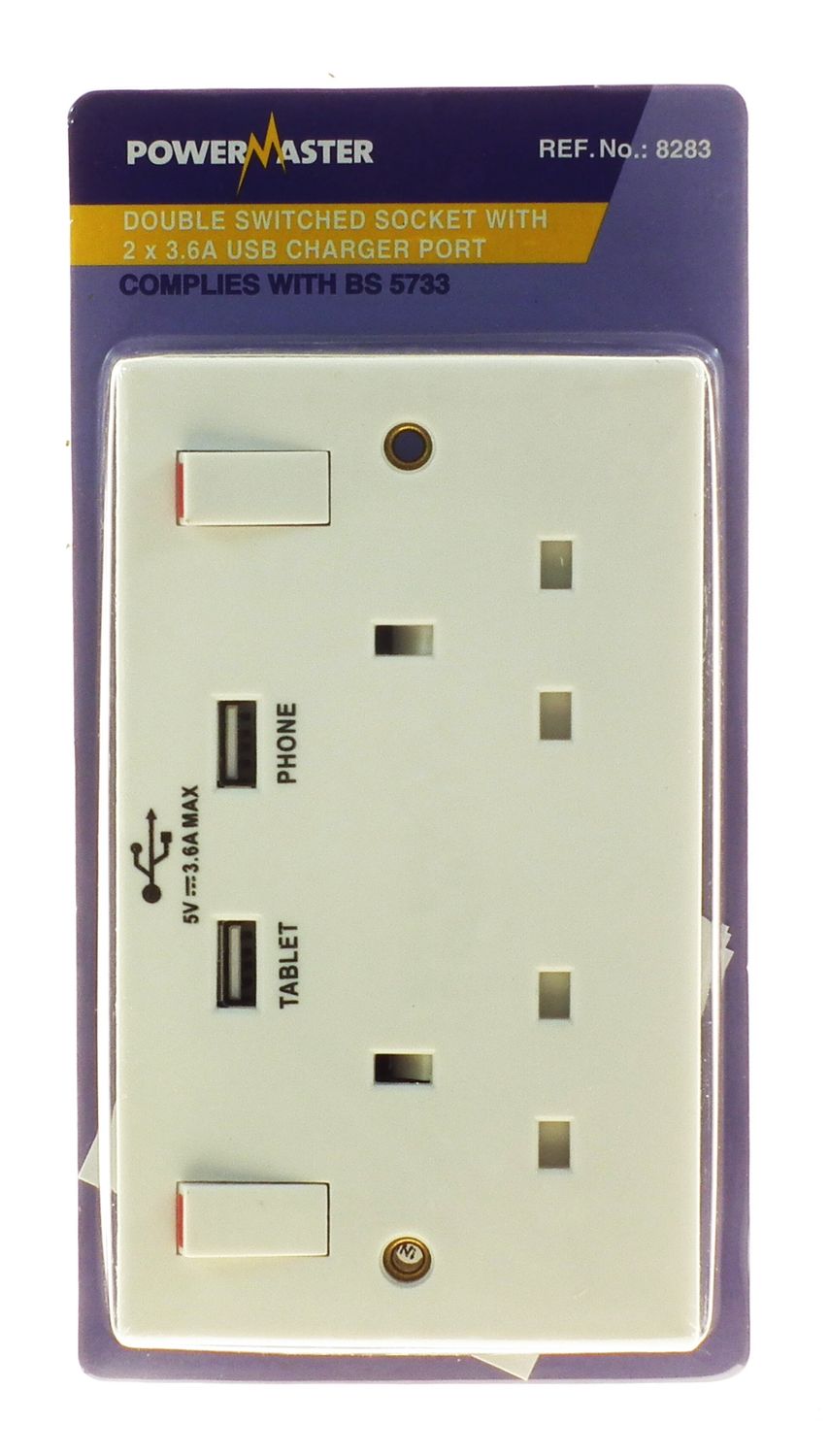 POWERMASTER 2 GANG 13 AMP SWITCHED SOCKET WITH 2 USB PORTS