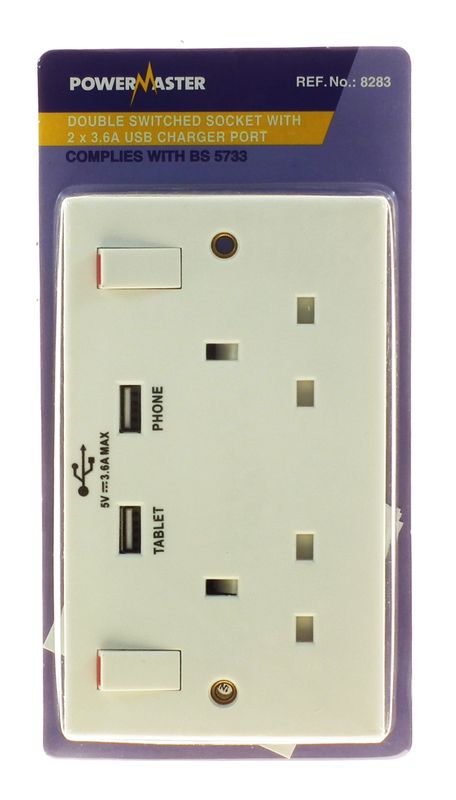 POWERMASTER 2 GANG 13 AMP SWITCHED SOCKET WITH 2 USB PORTS