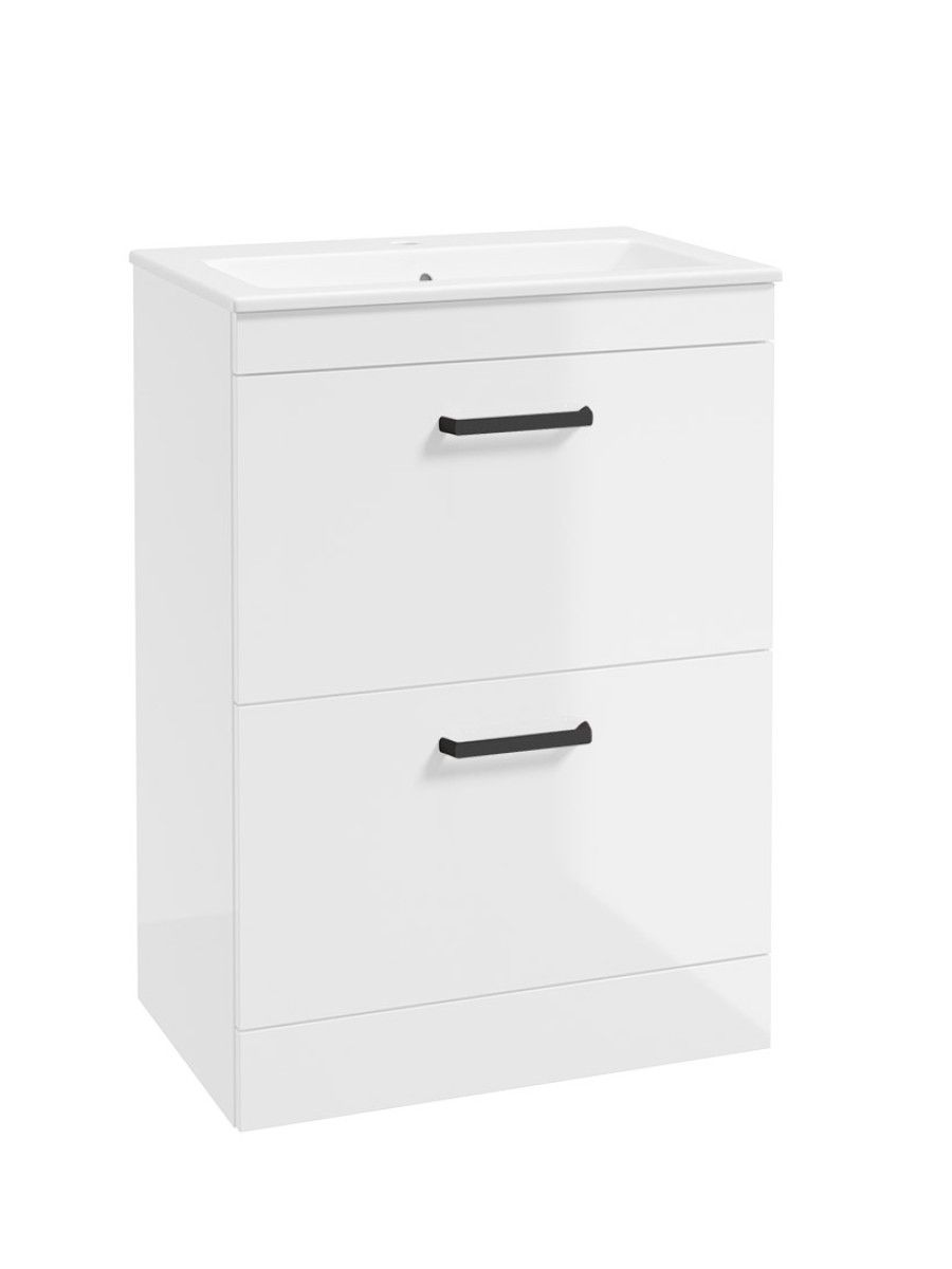 SONAS CORTA Floorstanding 60cm Two Drawer Unit Gloss White-Black Handles