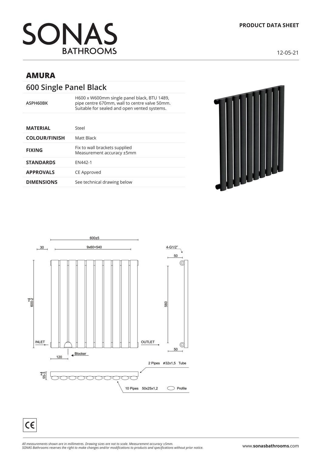AMURA 600x600mm Designer Radiator Horizontal Single Panel, Colour: Black