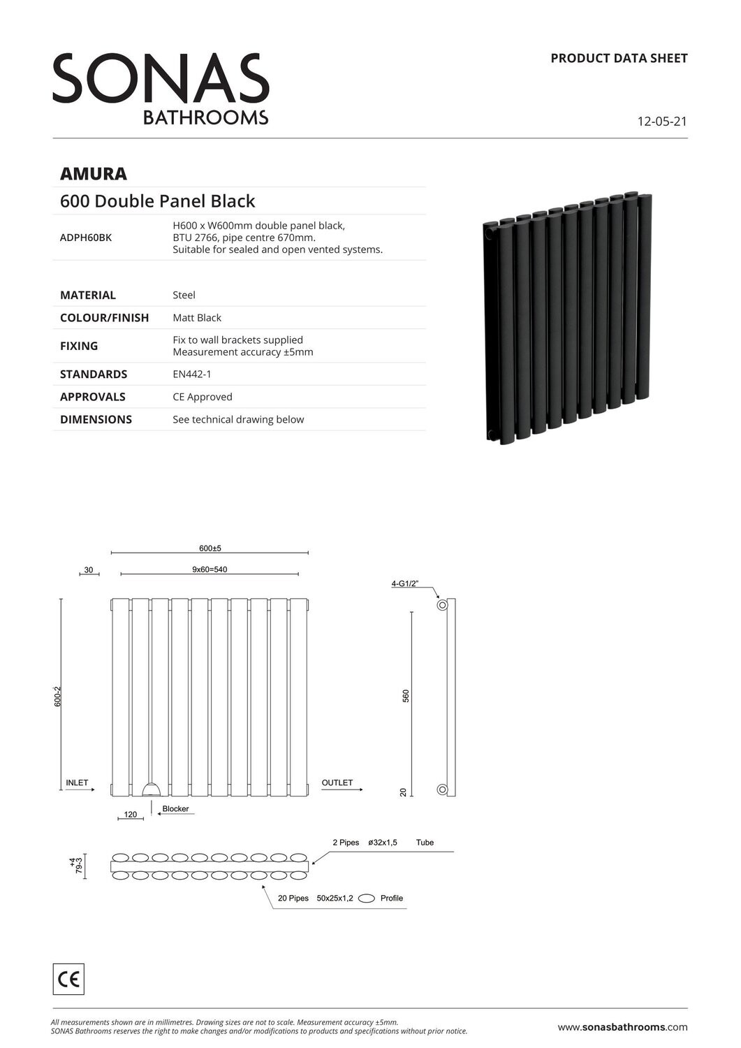 AMURA 600x600mm Designer Radiator Horizontal Double Panel, Colour: Black