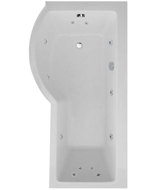 P SHAPE 1700x900mm Single Ended 12 Chrome Jet Whirlpool Bath &amp; Panel White with Bath Screen Chrome