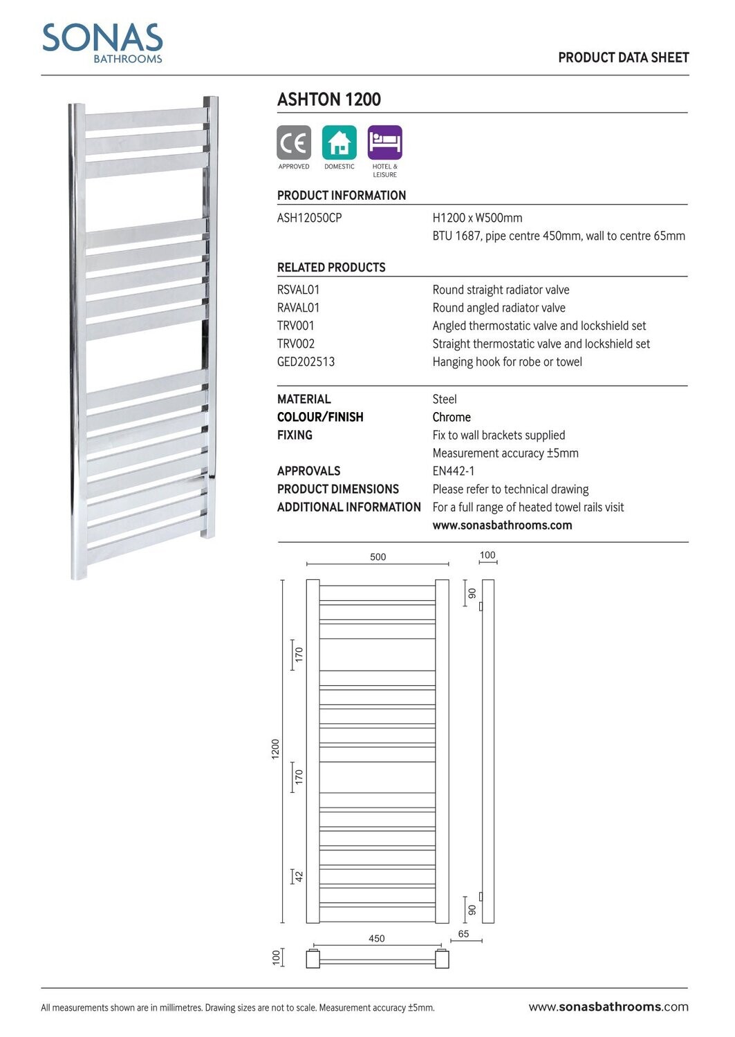 ASHTON 1200x500mm Towel Warmer, Colour: Chrome