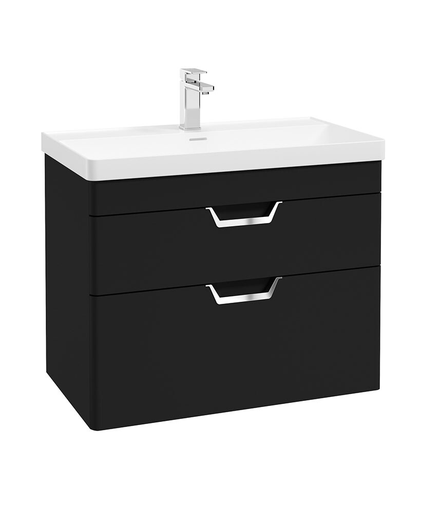 FREYA Wall Hung 80cm Two Drawer Unit Matt Black &amp; Handles