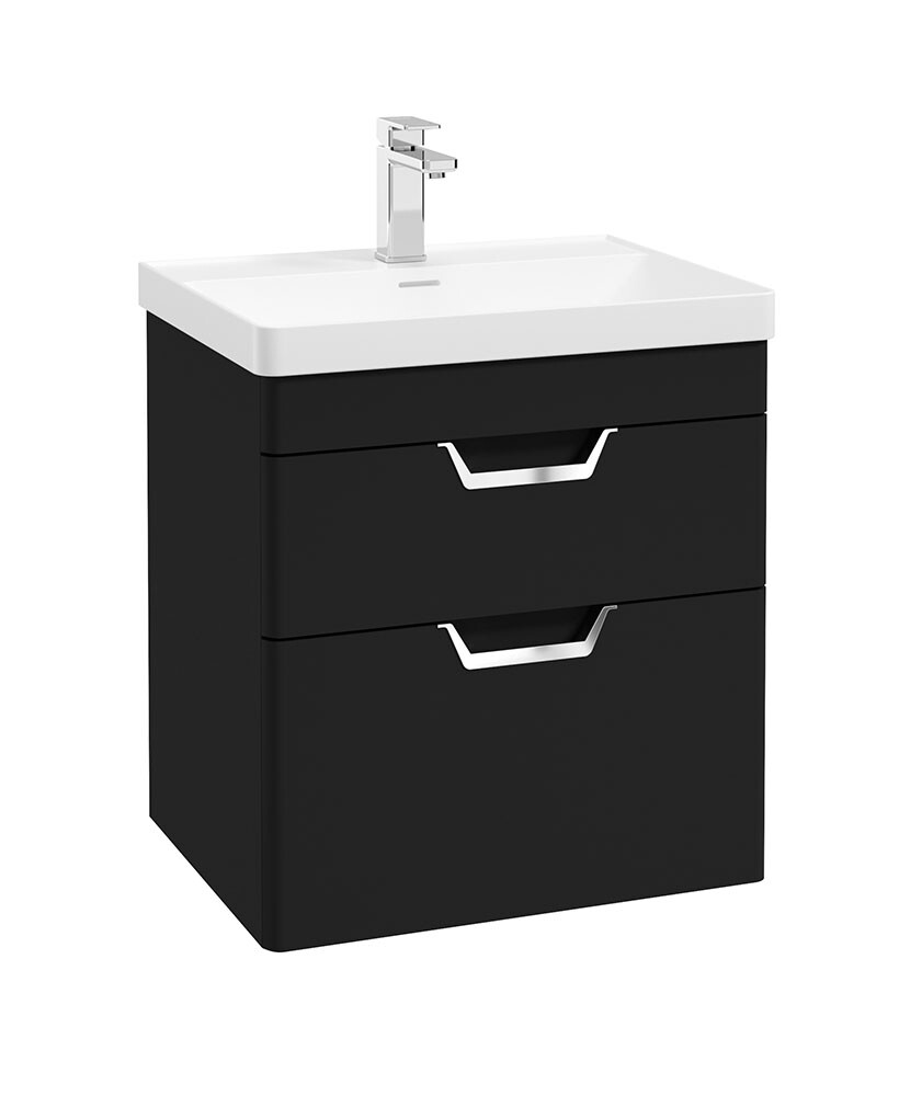 FREYA Wall Hung 60cm Two Drawer Unit Matt Black &amp; Handles