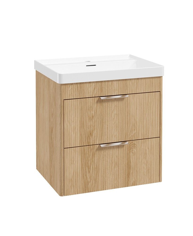REED Wall Hung 60cm Two Drawer Vanity Unit Stillwater Alder &amp; Basin &amp; Chrome Handles