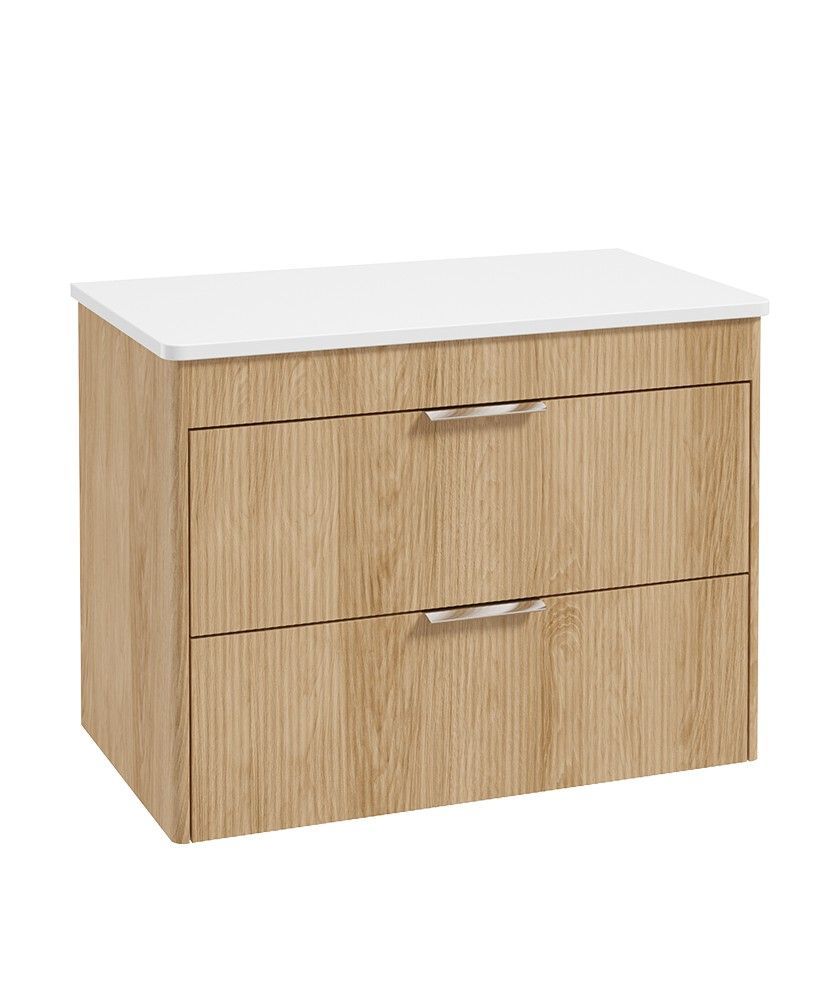 REED Wall Hung 80cm Two Drawer Countertop Vanity Unit Stillwater Alder &amp; Chrome Handles