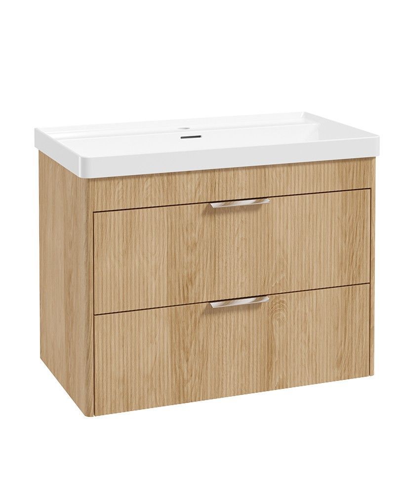 REED Wall Hung 80cm Two Drawer Vanity Unit Stillwater Alder &amp; Basin &amp; Chrome Handles