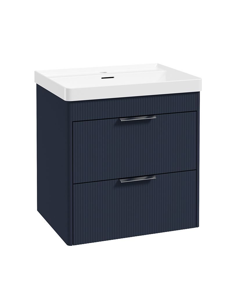 REED Wall Hung 60cm Two Drawer Vanity Unit Cobalt Night &amp; Basin  &amp;  Chrome Handles
