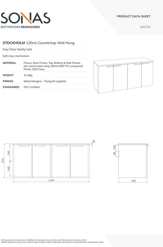 STOCKHOLM Wall Hung 120cm Four Door Countertop Unit Matt Khaki &amp; Handle