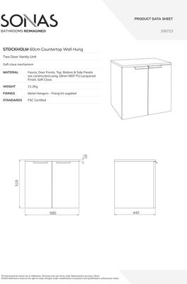 STOCKHOLM Wall Hung 60cm Two Door Countertop Unit Gloss White &amp; Handles