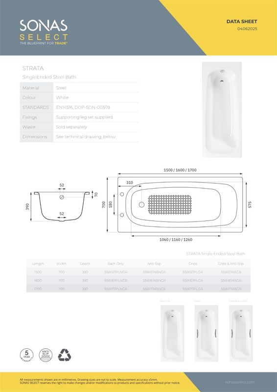 STRATA Single Ended Steel Bath With Twin Grips &amp; Anti-Slip